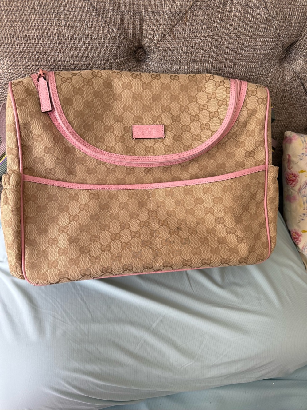 Gucci Beige Monogram Canvas Diaper Shoulder Bag with Pink Trim